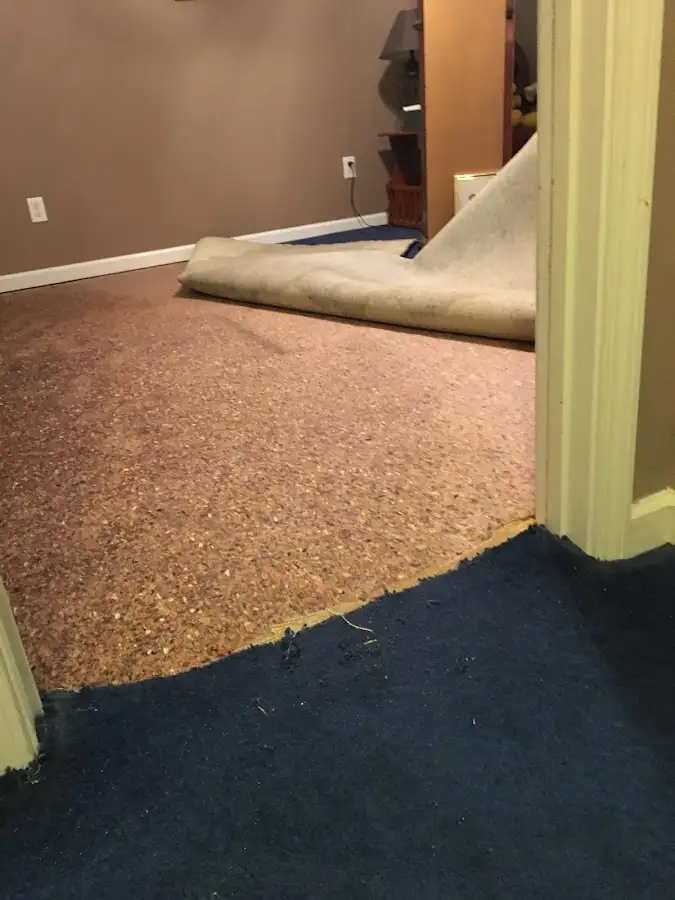 Carpet pad removal revealing water damage during Water Mitigation Services in Maquoketa